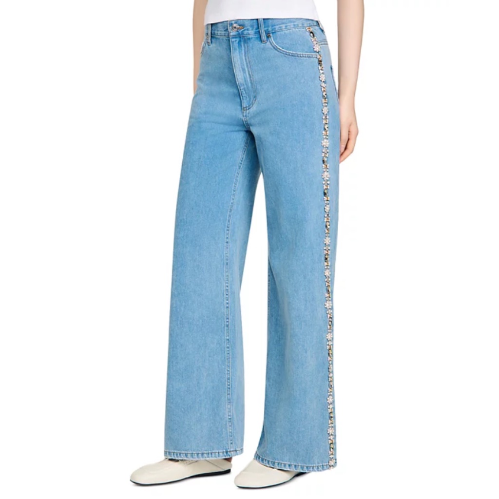 Calix Rhinestone Trim High Rise Wide Leg Jeans In Blue Jean